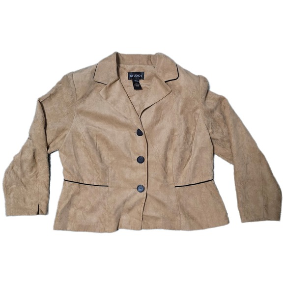 Studio I Womens Blazer 18W Tan Suede Feel Black Trim Button Front Career (K) - Picture 1 of 6